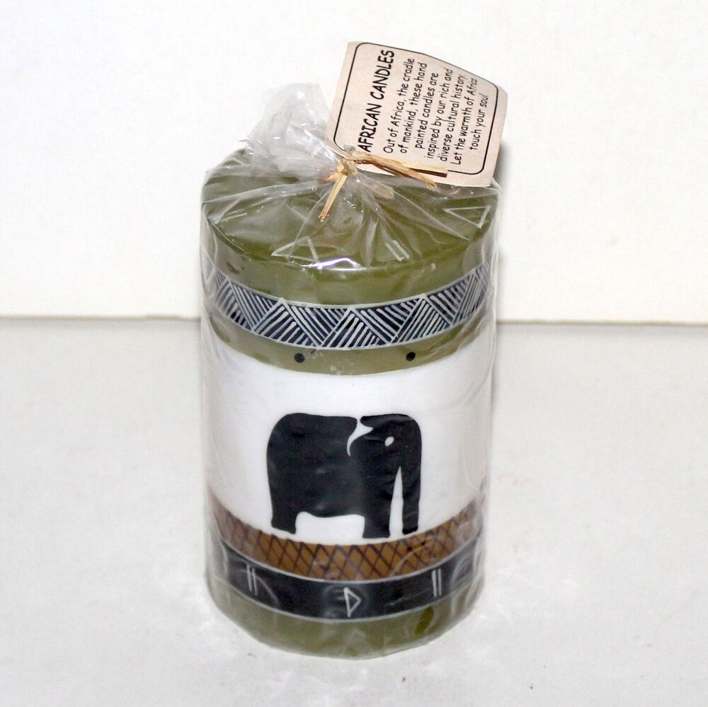 African Pillar Candle Hand Painted Elephant 4.5 x 2.75 green white home decor